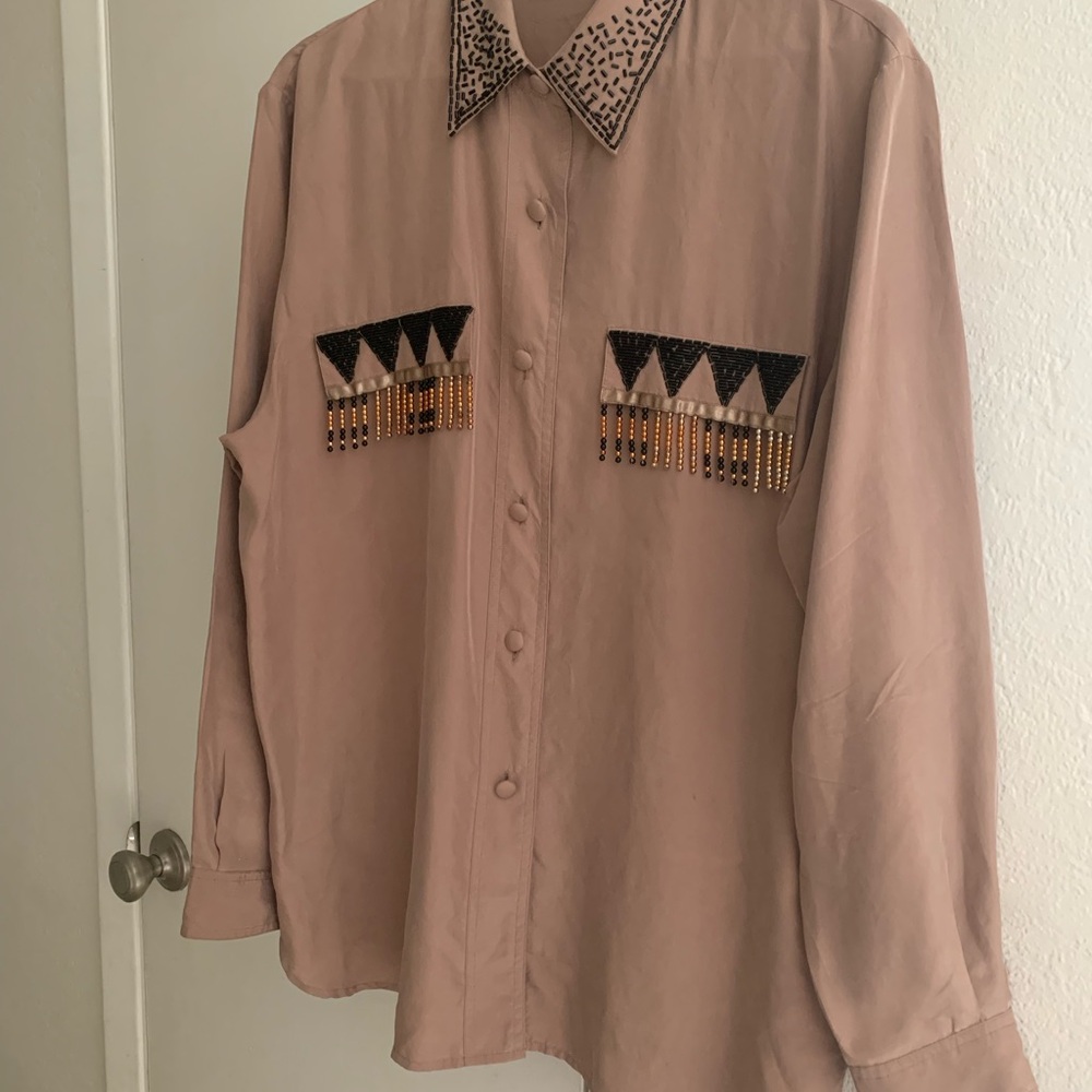 Soliloquy Women's Silk Southwestern Long‎ Sleeve Beaded Shirt Size Medium
